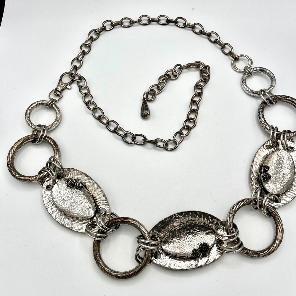 Silver Tone Hammered Oval Medallion Chain Belt Adjustable Boho Industrial XL
